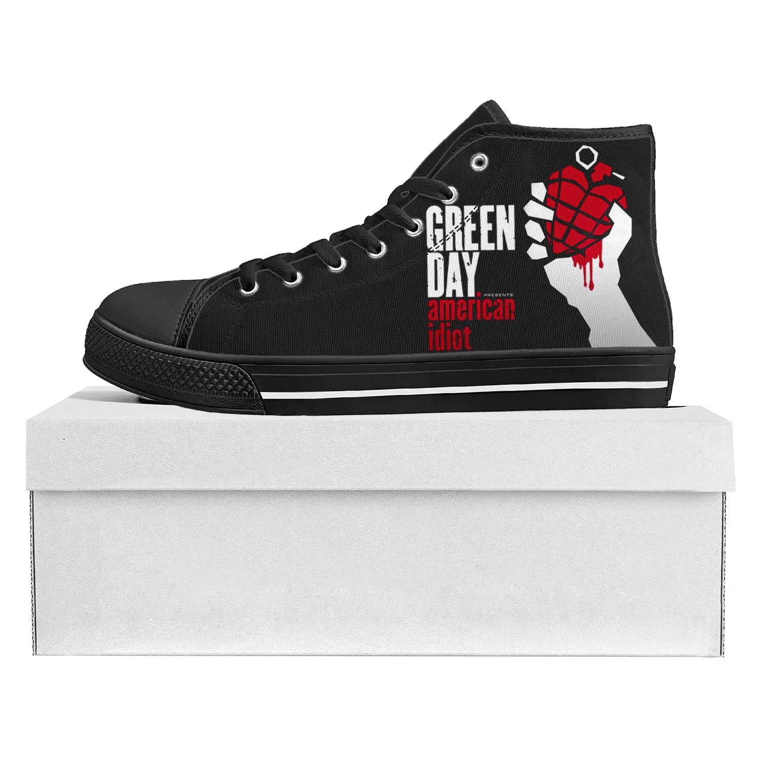 Green Day Pop Band sepatu Sneakers kualitas tinggi atasan Tinggi sepatu kanvas remaja pria wanita sepatu kasual pasangan sepatu kustom hitam