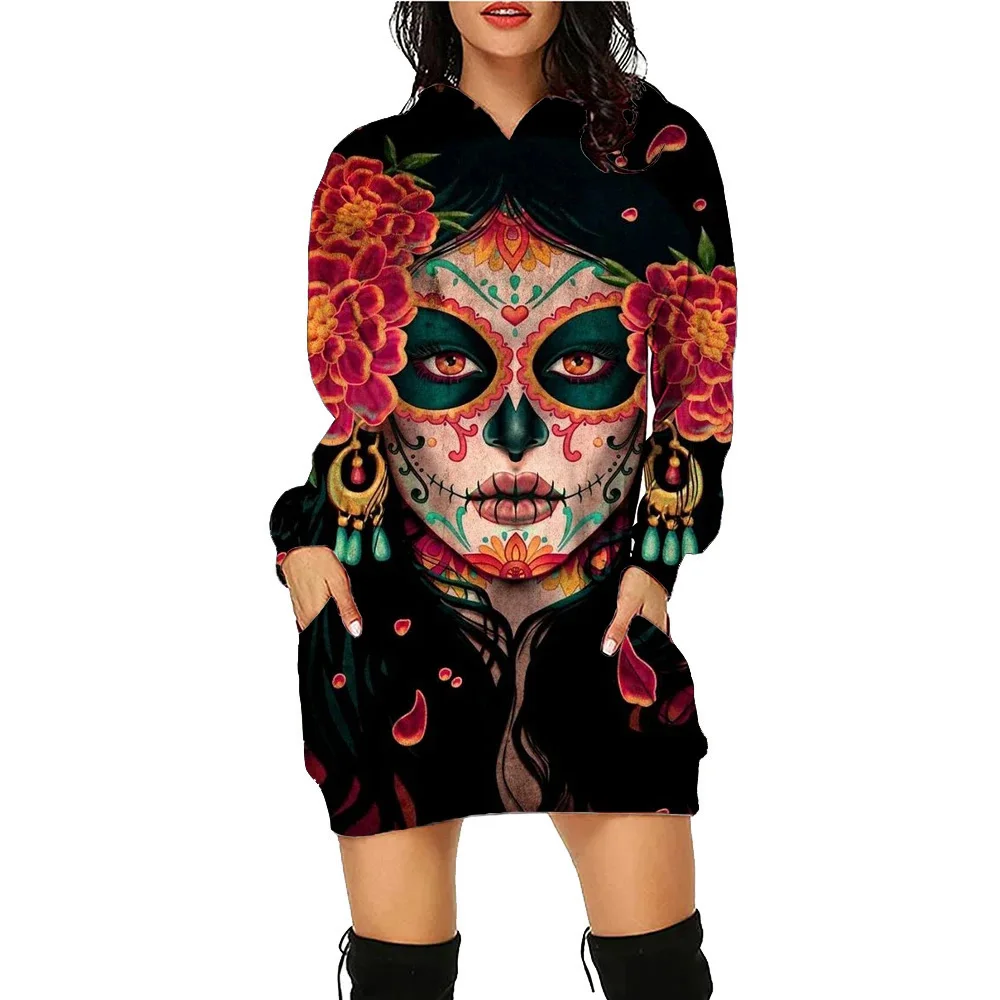 Skull Ghost Halloween Printed Hoodie Dress Bat Women's Daily Workout Hoodies Long Sleeve Pullover Autumn Loose Tee Traf Vestidos