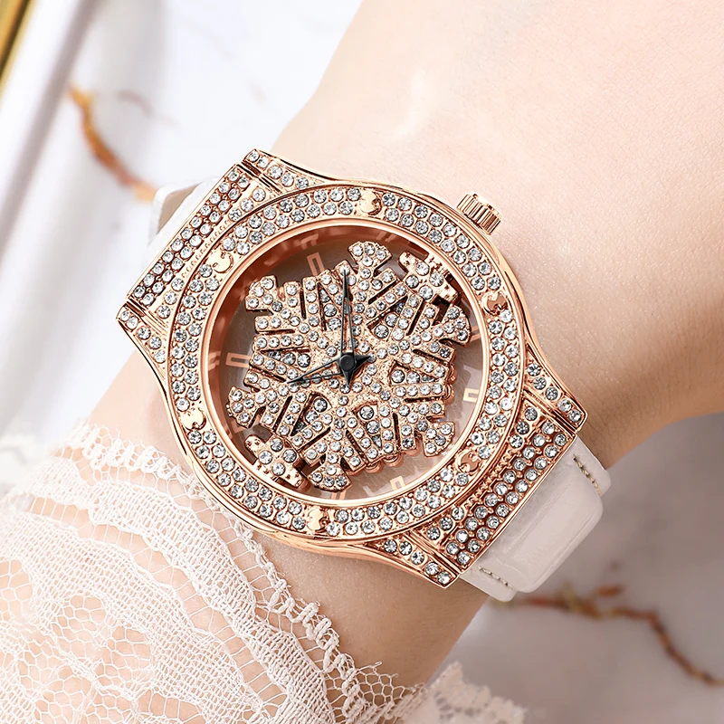 ROMITIME часы для женщин фэнтезийные снежинки вращающийся циферблат ремешок из телячьей кожи кварцевые водонепроницаемые женские наручные часы для подарков