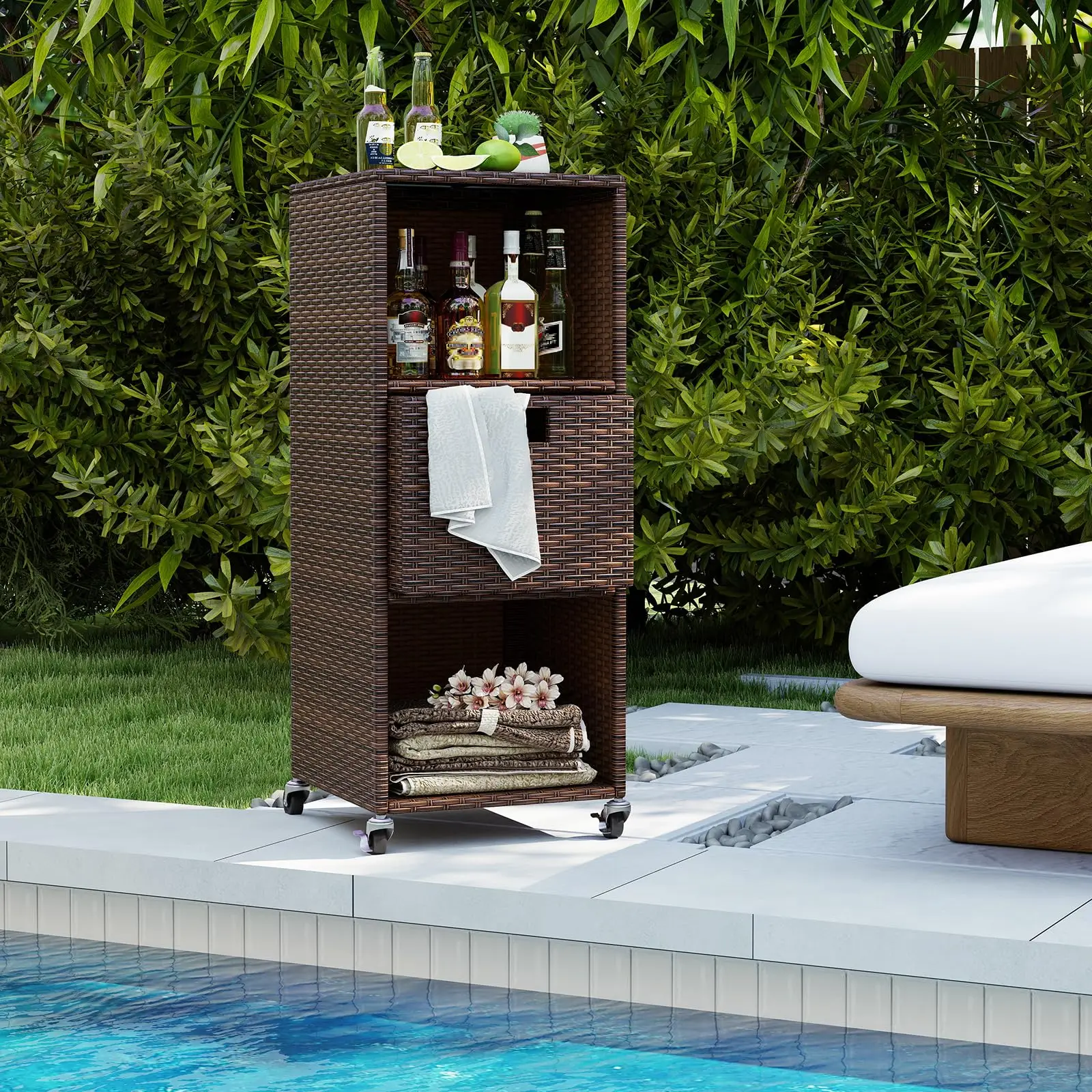 Rattan Outdoor Storage Cabinet, Patio Outdoor Wicker Cabinet with 3 Shelves, 1 Removable Der, 4 Wheels, Patio Storage