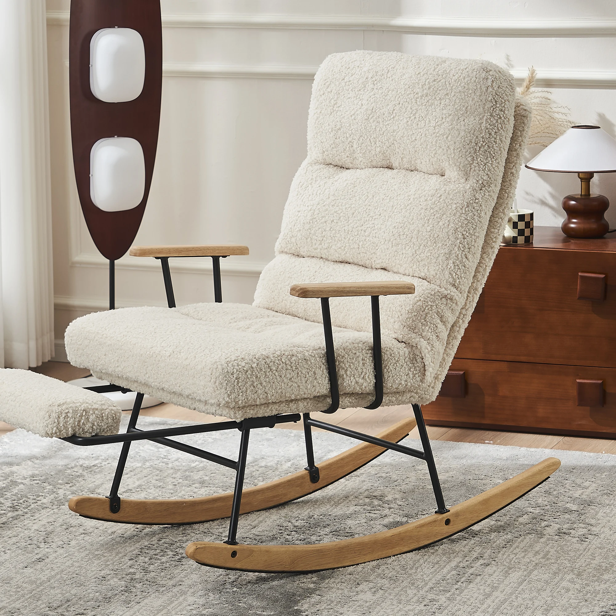 Modern Teddy Gliding Rocking Chair with High Back, Retractable Footrest, and Adjustable Back Angle for Nursery, Living Room