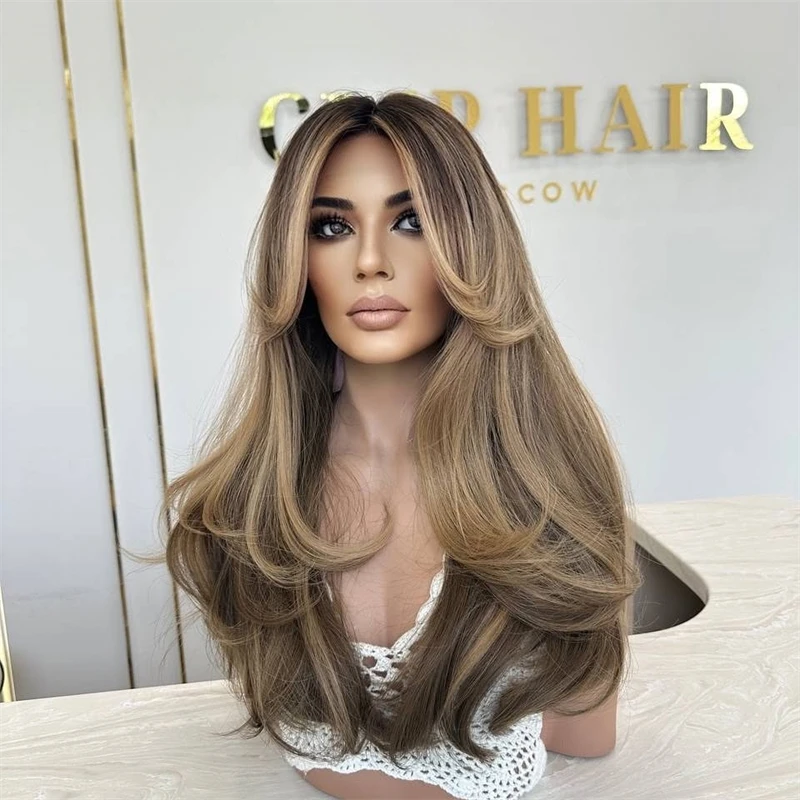 13x4 Swiss Lace Brown Blonde Synthetic HD Lace Front Wig Heat Resistant Small Large Size Cap Realistic Natural Looking Wig 26''