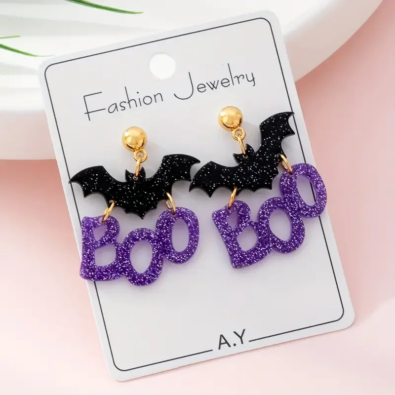 1 Pair Halloween Horror Bat BOO Letter Design Women'S Fashion Dangle Earrings, Perfect Gift for Parties and Gatherings