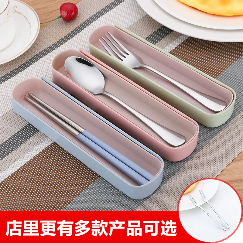 Stainless steel tableware convenient set chopsticks spoon fork three piece set with box student cute pull-out travel tableware