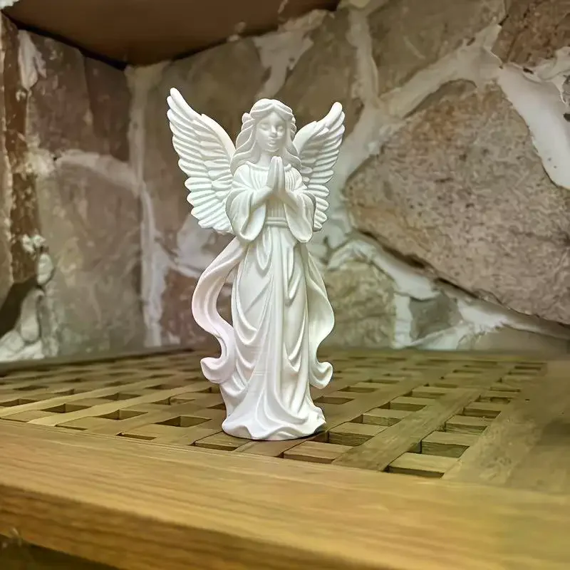 Praying Guardian Angel Statue 3D Printed White Gold Religious Figurine for Funeral Memorial Tribute Decor Souvenir