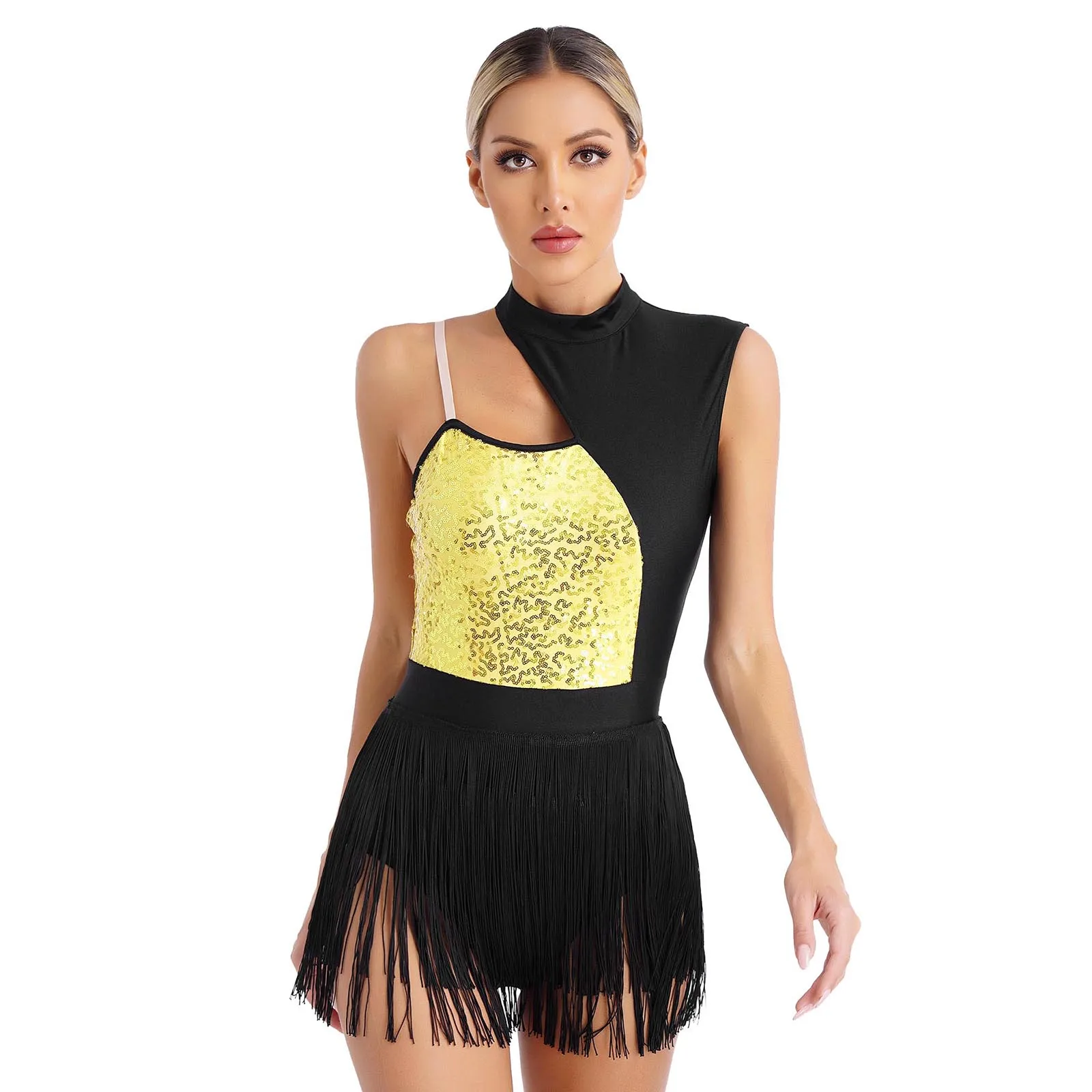 Womens Glittery Sequins Figure Skating Dance Costume Latin Tango Rumba Dance Dress Fringed Leotard Performance Clothes