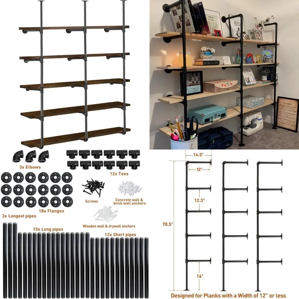 

Vintage 5-Tier Industrial Style Wall Shelves, 70.5 High, 12 Deep, DIY Open Bookcase Set