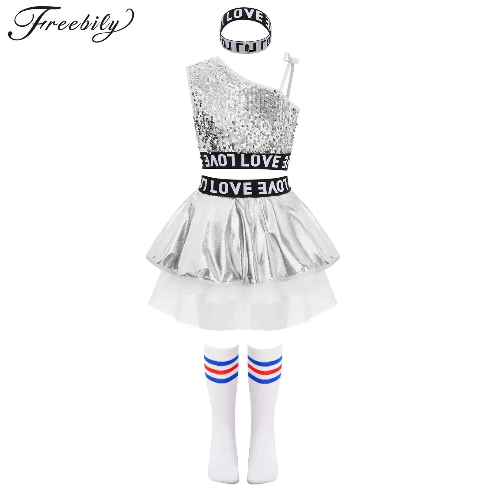 Girls Hip-Hop Jazz Street Dance Outfits Sleeveless Sequins Vest with Metallic Tutu Skirt Socks Cheerleading Performance Costume