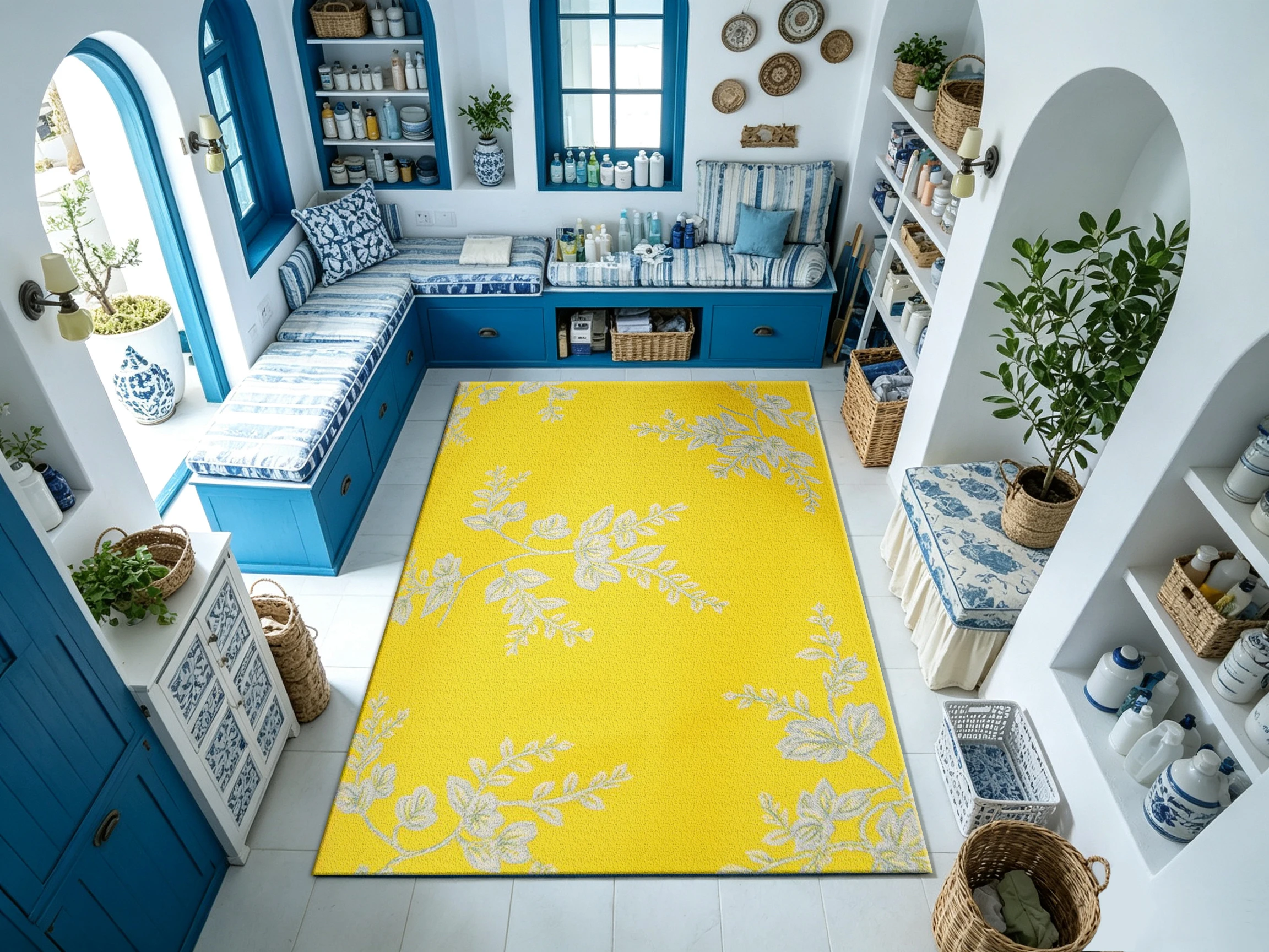Bright Yellow Light Leaf Floral Carpet Floor Tiles, Fresh Style Home Carpet, Suitable for Living Room, Bedroom, Home Decoration