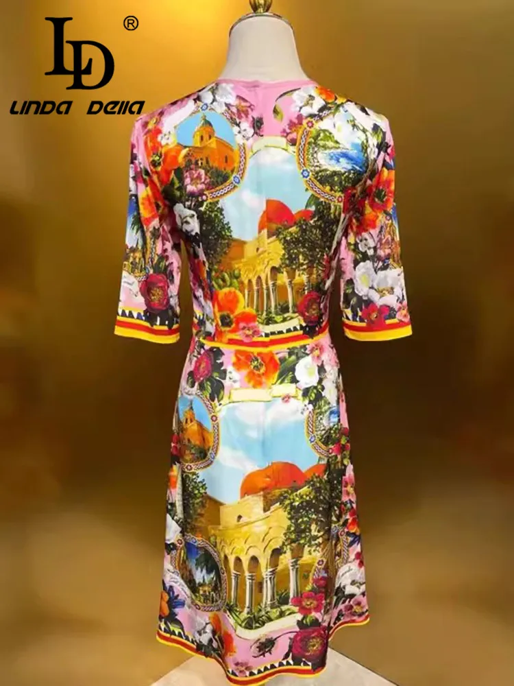 LD LINDA DELLA Autumn Winter Women\'s Dress Fashion Half Sleeve High Waiste Elegant Chic Print Beach Vacation Silk Dresses