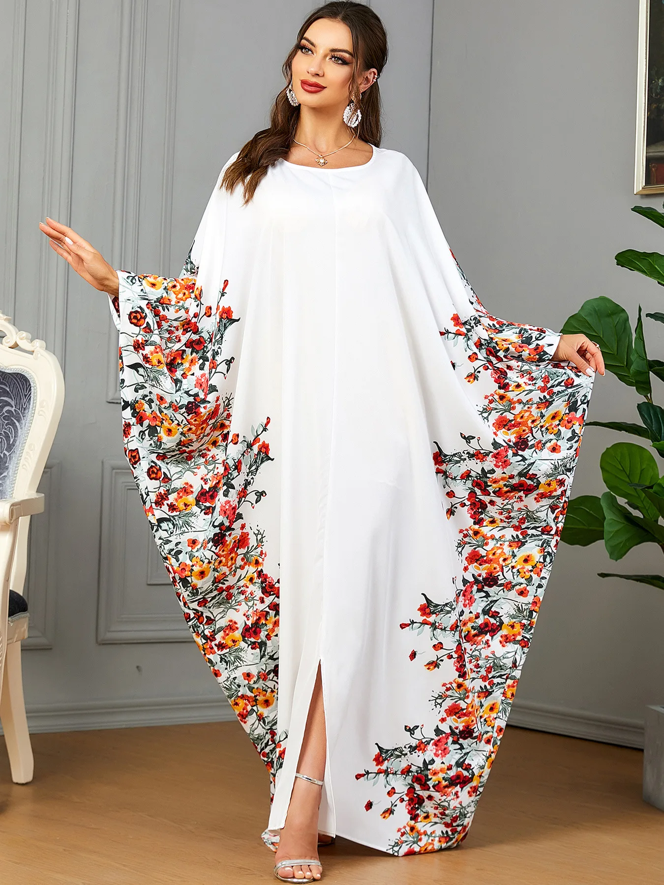 Eid Muslim Party Dress for Women Ramadan Abaya Bat Sleeve Print Long Robe Morocco Kaftan Vestidos Largos Dubai Jalabiya 2024