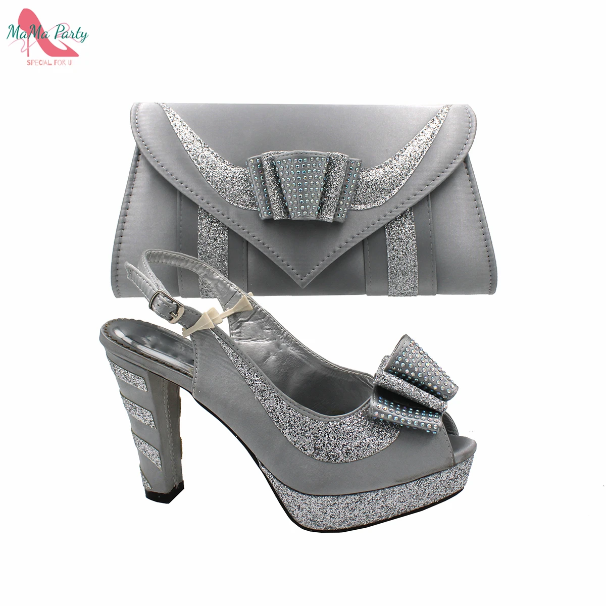 Fashion Pretty Peep Toe African Women Shoes Matching Bag Set in Silver Color Elegant Style Platform Sandals for Party