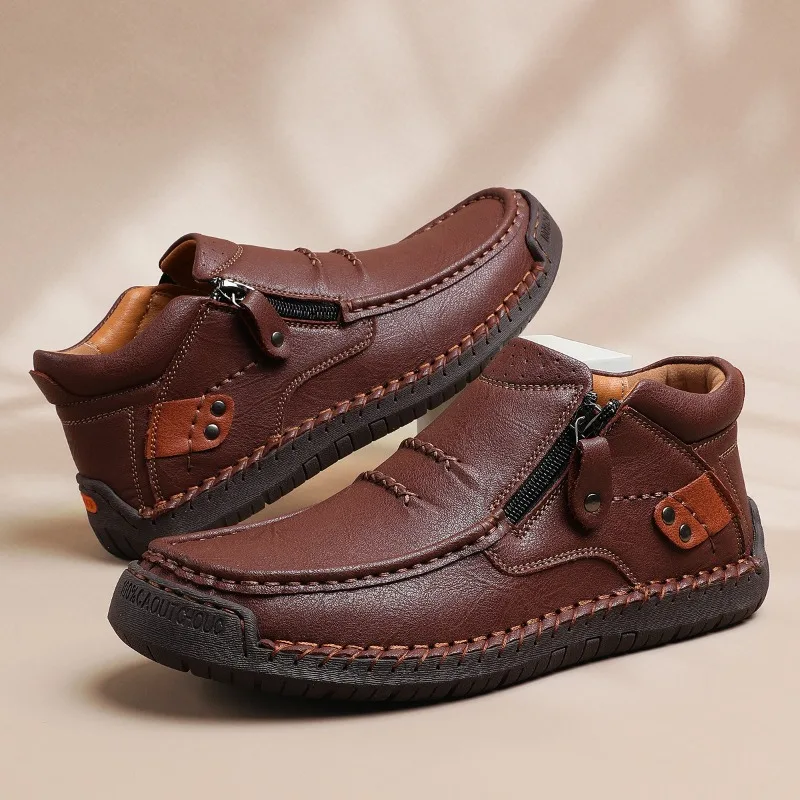 Plus Size 38-50 Handmade Men Leather Boots Comfortable Zipper Breathable Sneakers Fashion Men Casual Hot Sale Walking Shoes 2026