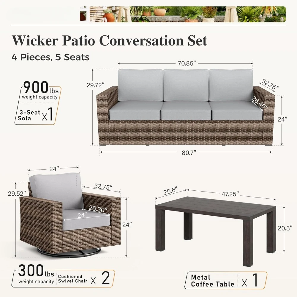 Wicker Outdoor Terrace Furniture Set, Swivel Rocking Chair with Coffee Table, 5 Seater Sofa, Combination Sofa, 4-Piece