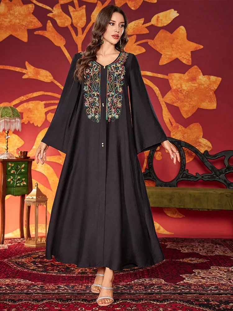 

Elegant Black Abayas for Women Beads Embroidery Muslim Dress Islam Gulf Jalabiya Morocco Kaftan Dubai Kebaya Femme Robe Vestidos