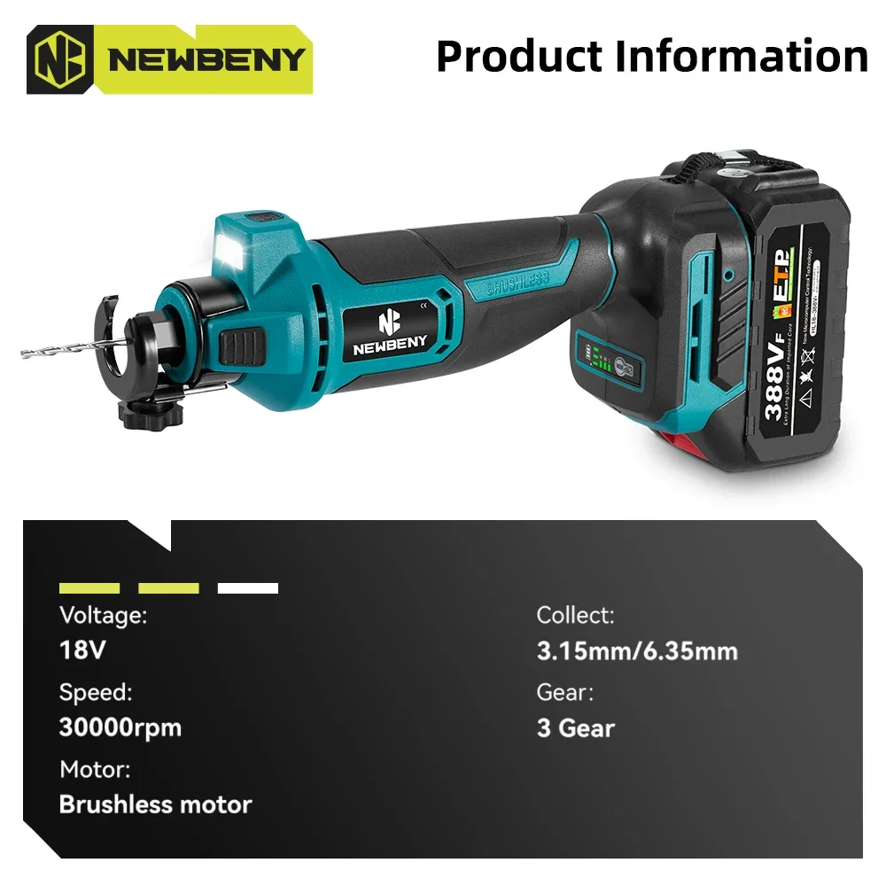 NEWBENY Bürstenloses elektrisches Trockenbau-Ausschnittwerkzeug, 3 Gänge, kabelloses Schneiden von Holz, Trockenbau, Sheetrock-Holz für Makita 18 V-21 V Akku