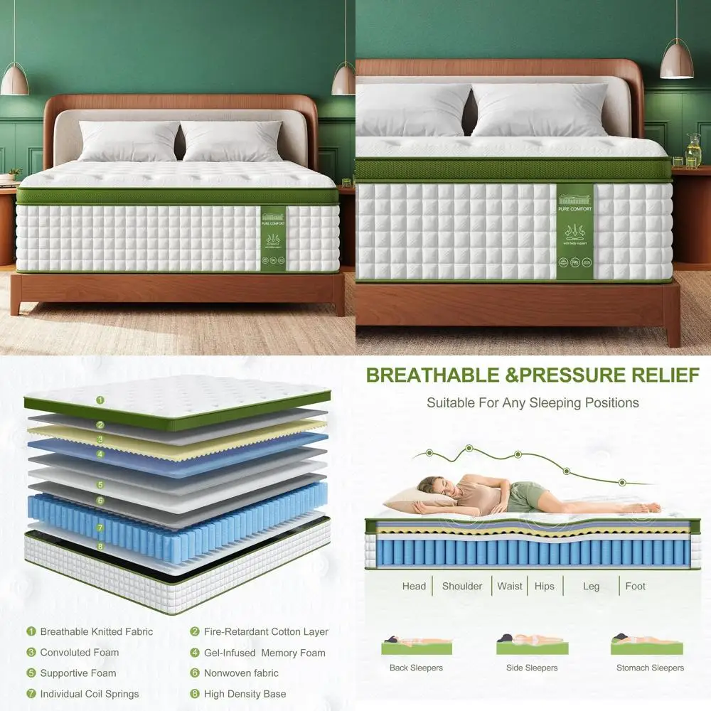 

14 Гелевой гибридный матрас королевы для облегчения боли в спине, поясничной поддержки, изоляции движения, сертифицированного США, 365-ночной проб