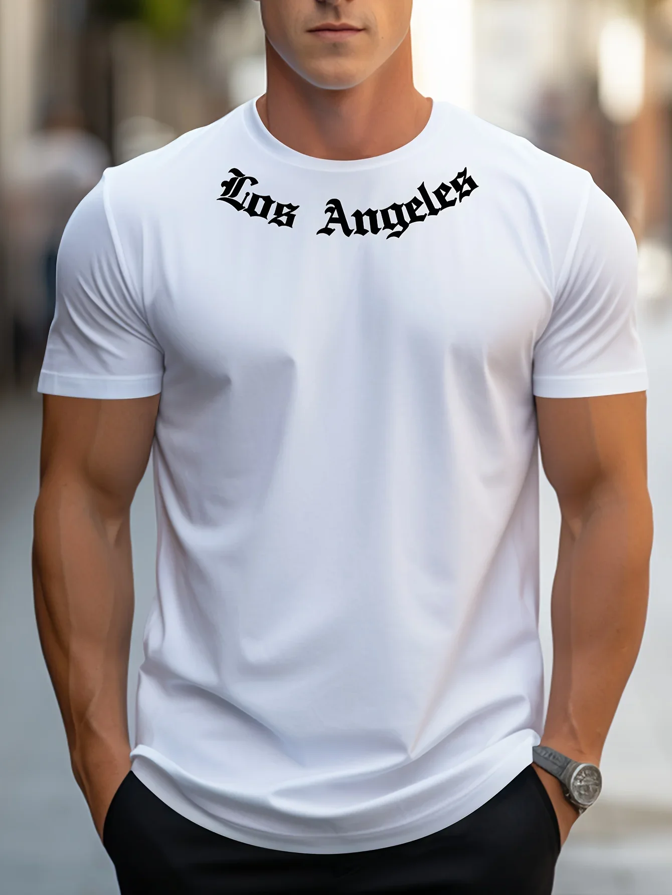 Men\'s 100% cotton summer loose size Los Angeles Graphic printed slim fit casual sports round neck short sleeved T-shirt top