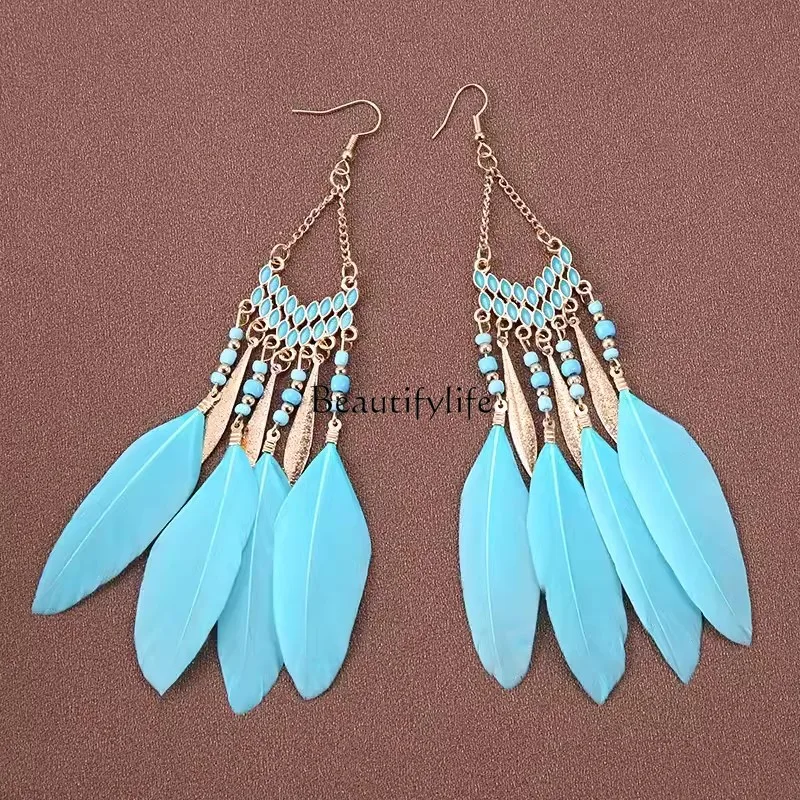 

Bohemian Feather Tassel Eardrop Earrings for Women, Travel Photo Earrings, Ethnic Style, Niche, Lijiang, Super Fairy