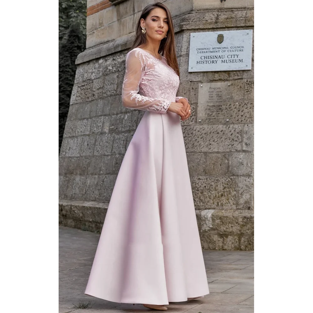 Scoop Collar Transparent Tulle Full Sleeves with Floral Print Prom Gowns Customizd Pleat Satin Ankle Length A-line Evening Dress