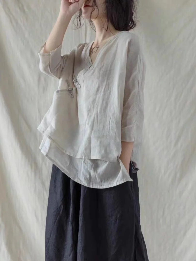 

Retro V-ne Silk irt Women Summer Pure Color Personali New Chinese Zen Tea Service Cotton Linen Top Small irt