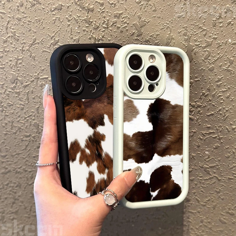 خمر براون جلد البقر نمط جراب هاتف آيفون 16 برو ماكس 15 14 13 12 11 16E 7 8 زائد X XS XR ماتي للصدمات غطاء ناعم