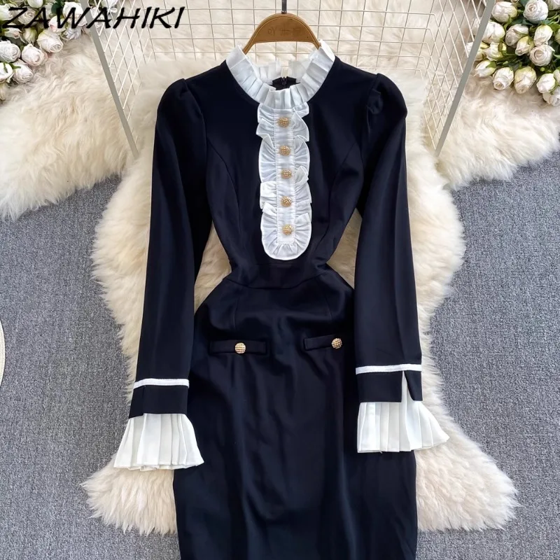 Evening Dress for Women Patchwork Pleated Button Design Vestidos Contrast Color Flare Sleeve Femme Robe Temperament Ropa Mujer