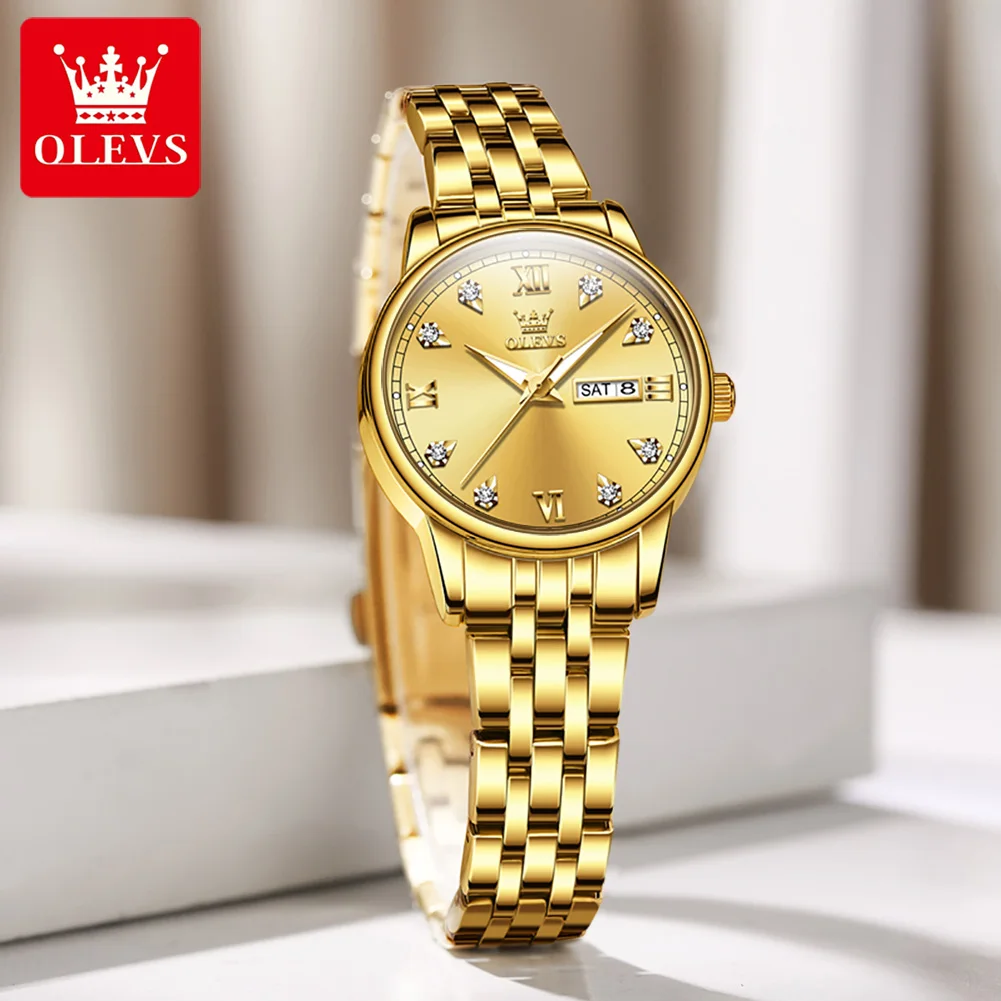 New OLEVS Women\'s Quartz Watch Stainless Steel Strap Auto Date Week Clock Luxury Diamond Dial Waterproof Classic Watch for Women