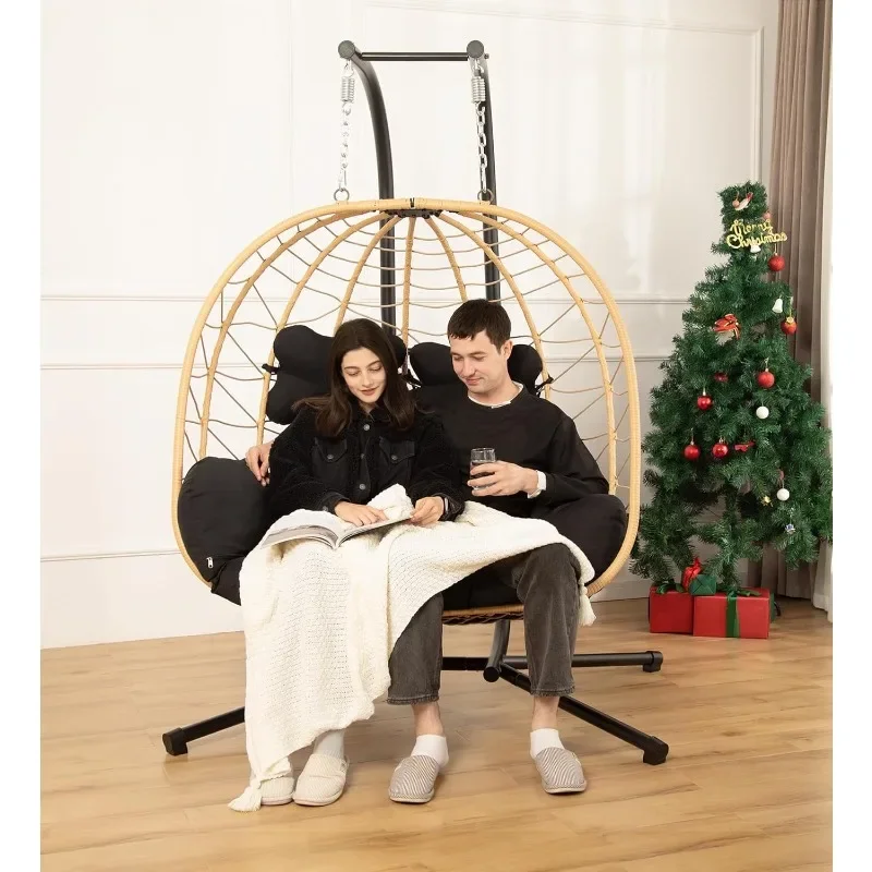 

Double Indoor/Outdoor Wicker Swing Egg Chair Hammock Foldable Hanging Loveseat with Stand UV Resistant Removable Cushions