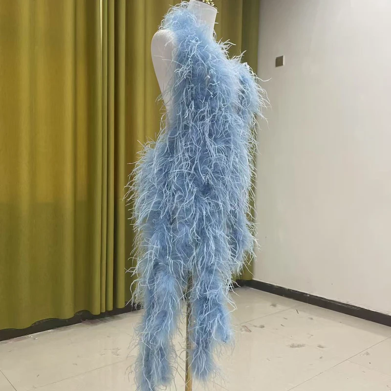 Neuestes Design eines Kleides aus 100% natürlichen Straußenfedern, mehrfach geschwungenes Design, durchsichtiges rückenfreies Kleid, sexy Damenkleid. – Detail 4