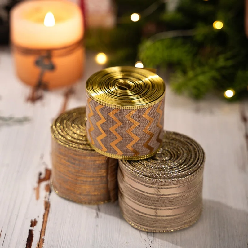 

5 Yards/ Roll 5cm Champagne Gold Christmas Ribbons DIY Bows Wreath Craft Decoration Wired Edge Weave Ribbon Xams Gift Packaging