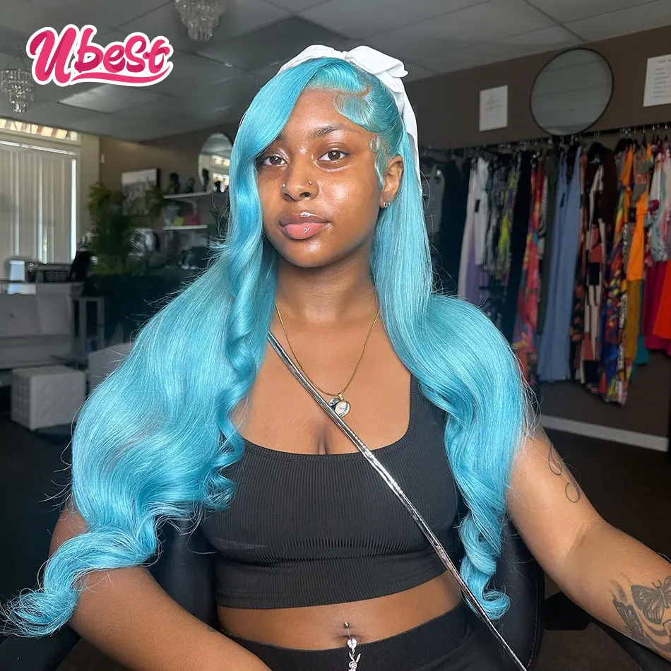 Light Blue 613 Colored 13X6 Body Wave Transparent Lace Front Wigs 100％ Human Hair 200％ Density Brazilian Hair Remy Hair Wig