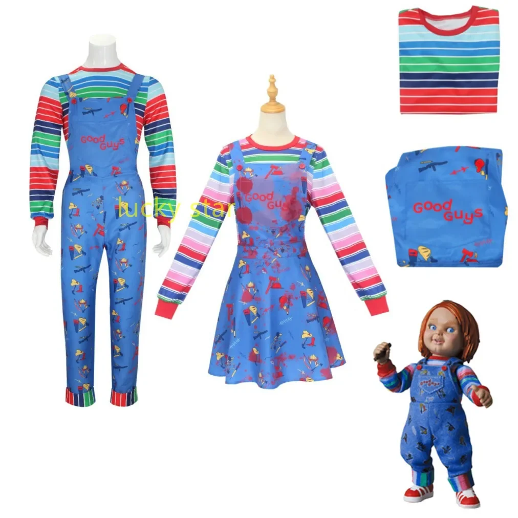 

Halloween Costume Chucky Child Play Blue Cartoon Jumpsuit Overalls with Striped Shirt for Kids Adult Chucky Cosplay Costume