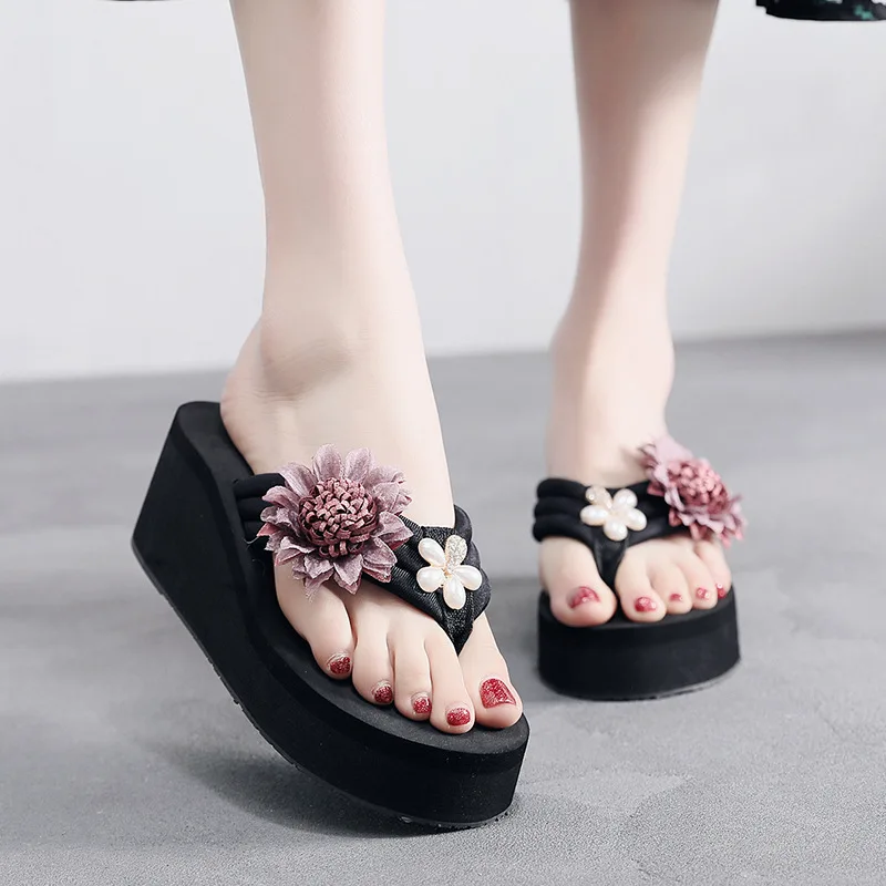 Flower Shoes Woman's Slippers Shale Female Beach Slides Rubber Flip Flops Low 2023 Sabot Hawaiian Flat Summer Rome PU Fabric Hoo