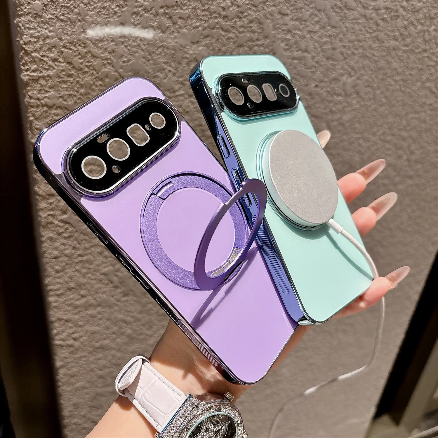 AG Matte Case with Plating Frame for Google Pixel 11 pro XL 10 10A 9 pro 9A 8 8A - 360 Rotable Magnetic Metal Ring Stand Cover