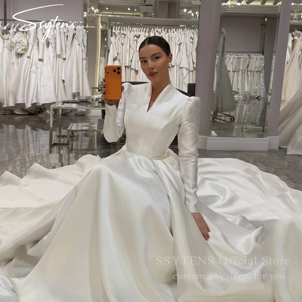 

SSYTENS Conservative Wedding Dresses Satin Wedding Dresses Full Sleeve Muslim Bridal Gown Modest Long Wedding Gown Customized