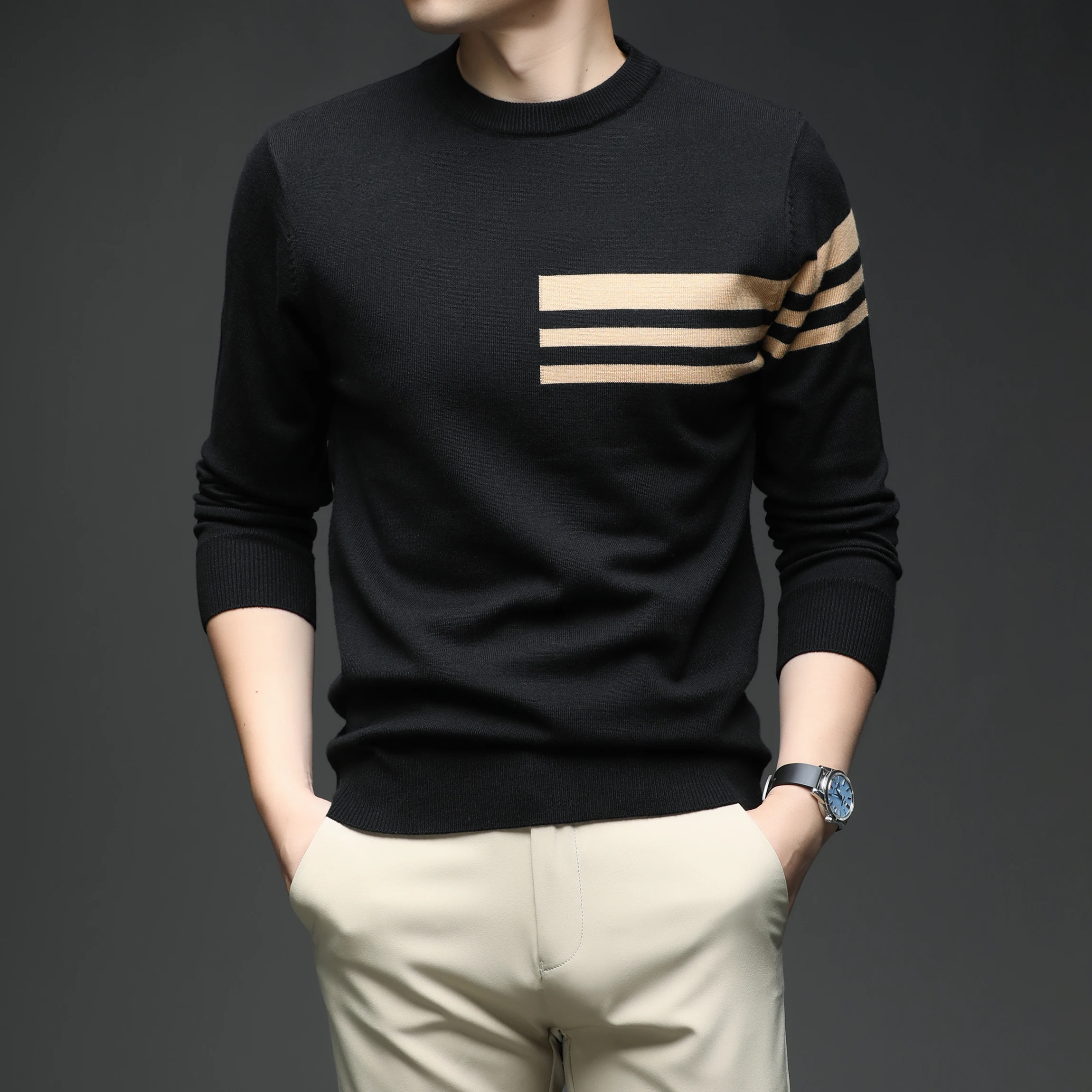 

Men's Striped Long Sleeved T-shirt for Autumn and Winter New Round Neck Knitted Base Sweater for Spring and Autumn Youth Sweater