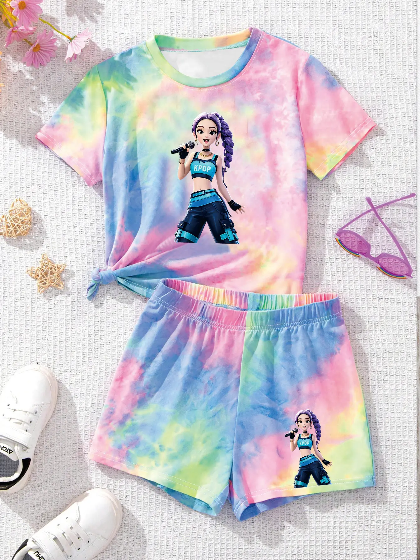Comfy Kids Girls 2-Piece Tie-Dye K-POP Idol Print Short Sleeve Top & Elastic Waist Shorts Set Summer Soft Breathable Daily Schoo