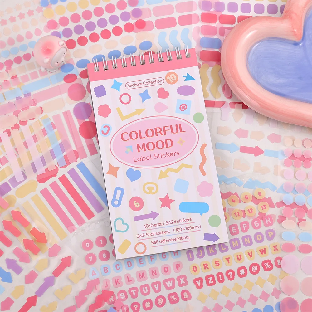 3424 Pcs Colorful Mood Label Stickers Geometry Fantasy Decals For Journaling DIY Crafts Notebooks Multi-element Decorative