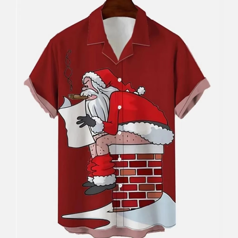 Camisa Hawaiana con Estampado Divertido de la Chimenea de Papá Noel 2026, Camisa de Manga Corta con Cuello Camp para Hombre, Camisa Informal para Fiestas Navideñas