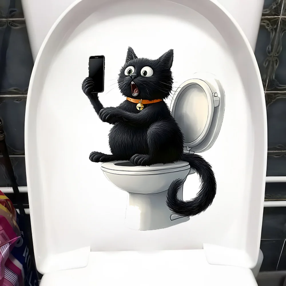 

Cartoon Cat Looking at The Phone Toilet Sticker Bathroom Toilet Cover Sticker Wall Stickers Wc For Home Decoration M1536