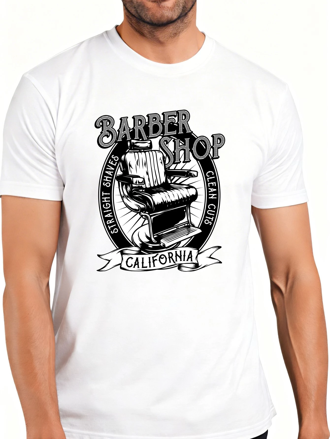 Men's Graphic T-Shirt - Breathable, Soft, Lightweight - California Barber Shop Chair Design - Vintage Fun Pattern Casual Short Sleeve Summer Top, Great Gift for Him