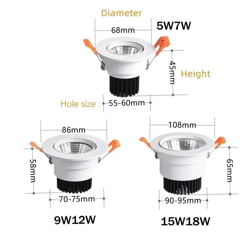 Anti-glare Led Downlights Dimmable AC220V 110V Recessed Led Ceiling Light Aluminum COB CEIL LIGHT Spot lamp