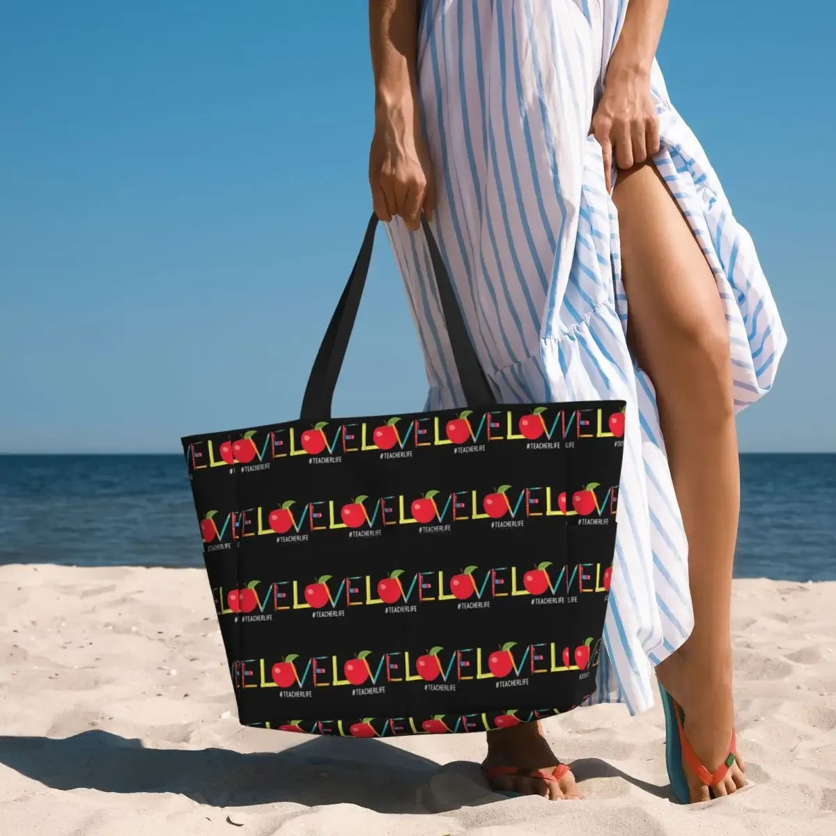 Love Teacher Life Apple Pencil Beach Tote Bag Sport Gym Yoga Duffle Large Tote Bag Women Travel Bag Fitness bag