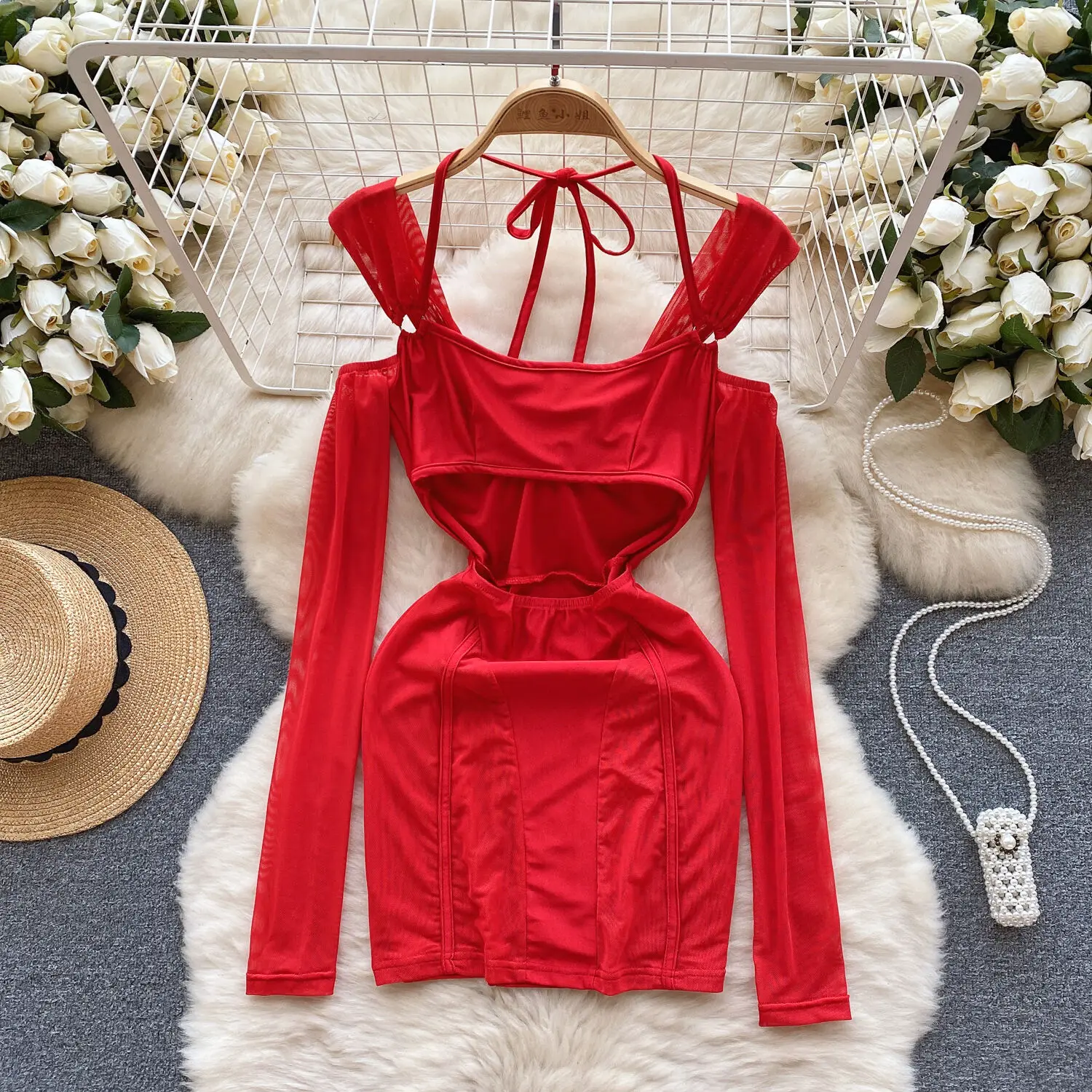 Foamlina 2024 New Spring Dress Heart Machine Hollow Off Shoulder Long Sleeve Slim Fit Short Dress Red Halter Neck Wrap Dresses