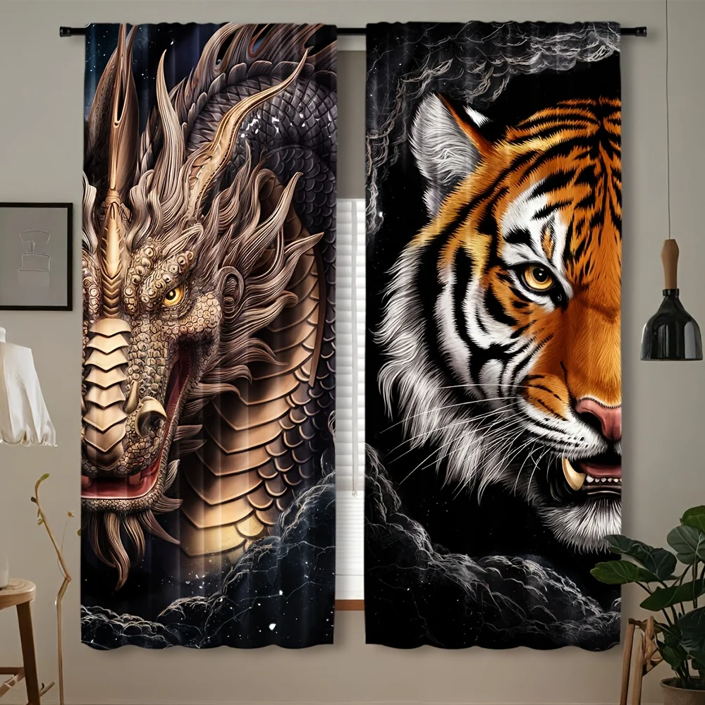 Dark Fantasy Dragon Tiger Curtains Pair Gothic Mythical Beasts Window Drapes Home Decor Waterproof Scary Living Room Accent