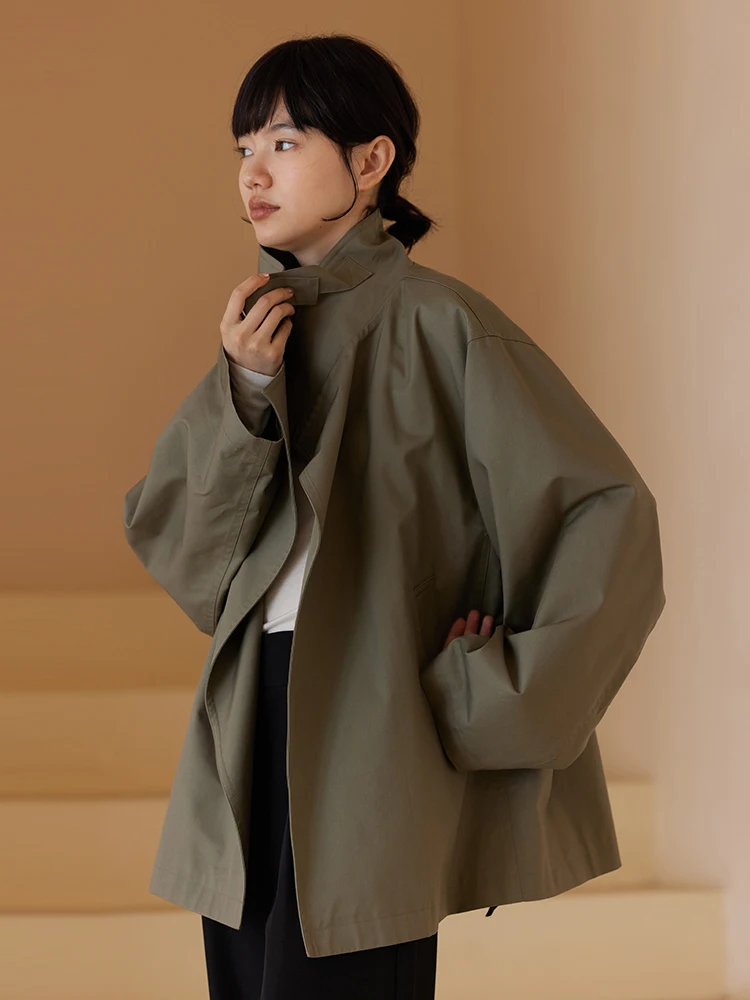 

Hacikis Miss Autumn Aosphere Presence Windbreaker Loose Long Sve Women's Jaet Commute Outerwear Simple Sle Cotton Blend