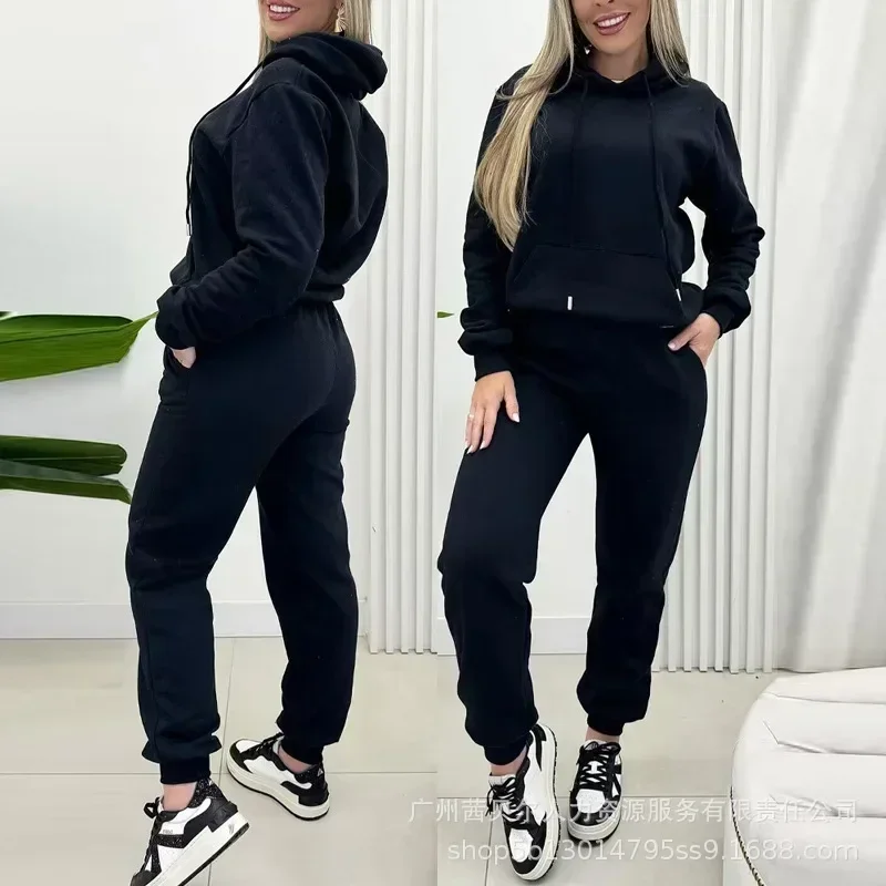 Pant Sets Solid Hooded Women Sweatshirts Jogger Pullover Tops Tracksuit Pencil Pants Casual Matching Sets Pockets Streetwear