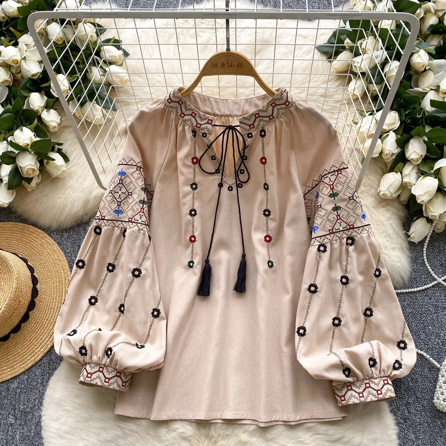 

Elegant lace-up Embroidered Long Sleeve Pleated Blouse Chic Vintage V Neck Fashion Top Women Spring Birthday Party Shirts Y2k