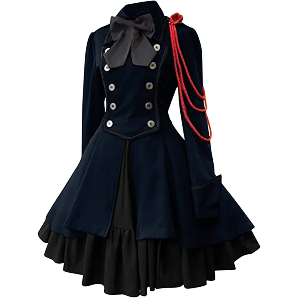 Medieval Retro Gothic Black Lace Up Chain Bow Lolita Coat Long Sleeves Ruffle Classic Lolita Dress Halloween Cosplay Costume